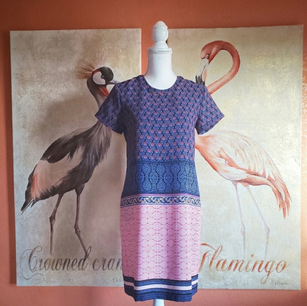 Adrienne Vittadini Short Sleeve Print Dress Blue Pink Travel Casual 4